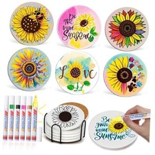 6 Absorbent Ceramic Tiles with Cork Base,Paint Your Own Coaster  Sunflower