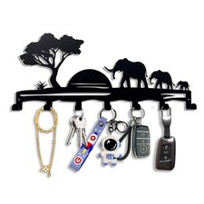 Elephant Family Metal Key Hook Rack - African Savannah Sunset Wall Decor - Pr...