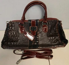 Madi Claire Brown/Red Croc-looking Genuine Leather Handbag