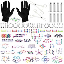 156PC Body Piercing Kit Belly Ring Nose Septum Tragus Ear Cartilage14G 16G Stone