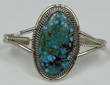 Navajo Handmade Sterling Silver & Kingman Turquoise Cuff Bracelet Great Matrix