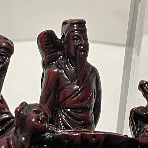 Cinnabar Resin Eight 8 Immortals Boat Tree Of Life Red Chinese 6.5” T x 8” L - Picture 20 of 24
