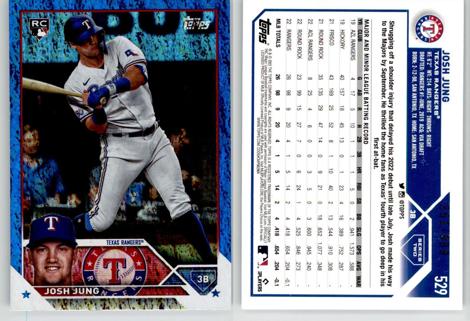 Josh Jung 2023 Topps Blue Foilboard #529 /999 Rangers RC Rookie
