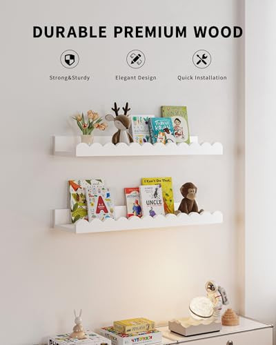 Nursery Book Shelves, 4-Pack White Floating Shelves for Wall Kids, Scalloped - 第 4/7 張圖片