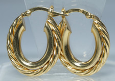 ITALIAN 14K Yellow Gold OVAL Hoop Earrings, 7/8" Long Rope Pattern 2.7 grams