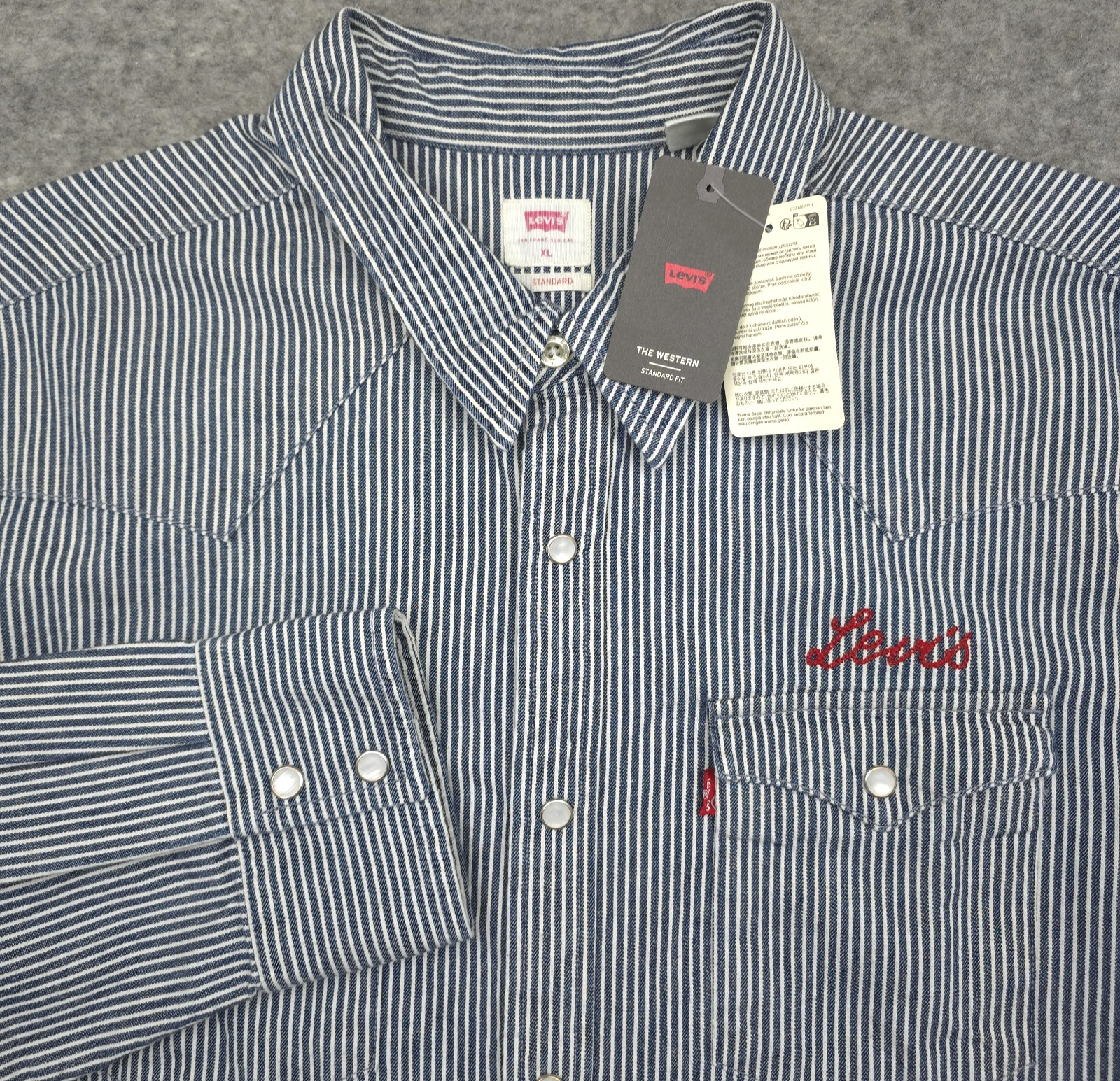 NEW Levis Shirt Mens XL Blue Denim Western Pearl Snap Hickory Stripe Cowboy NWT