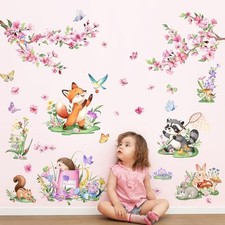 Supzopne Cherry Blossom Animals Wall Decals - Spring Forest Fox Raccoon Bunny