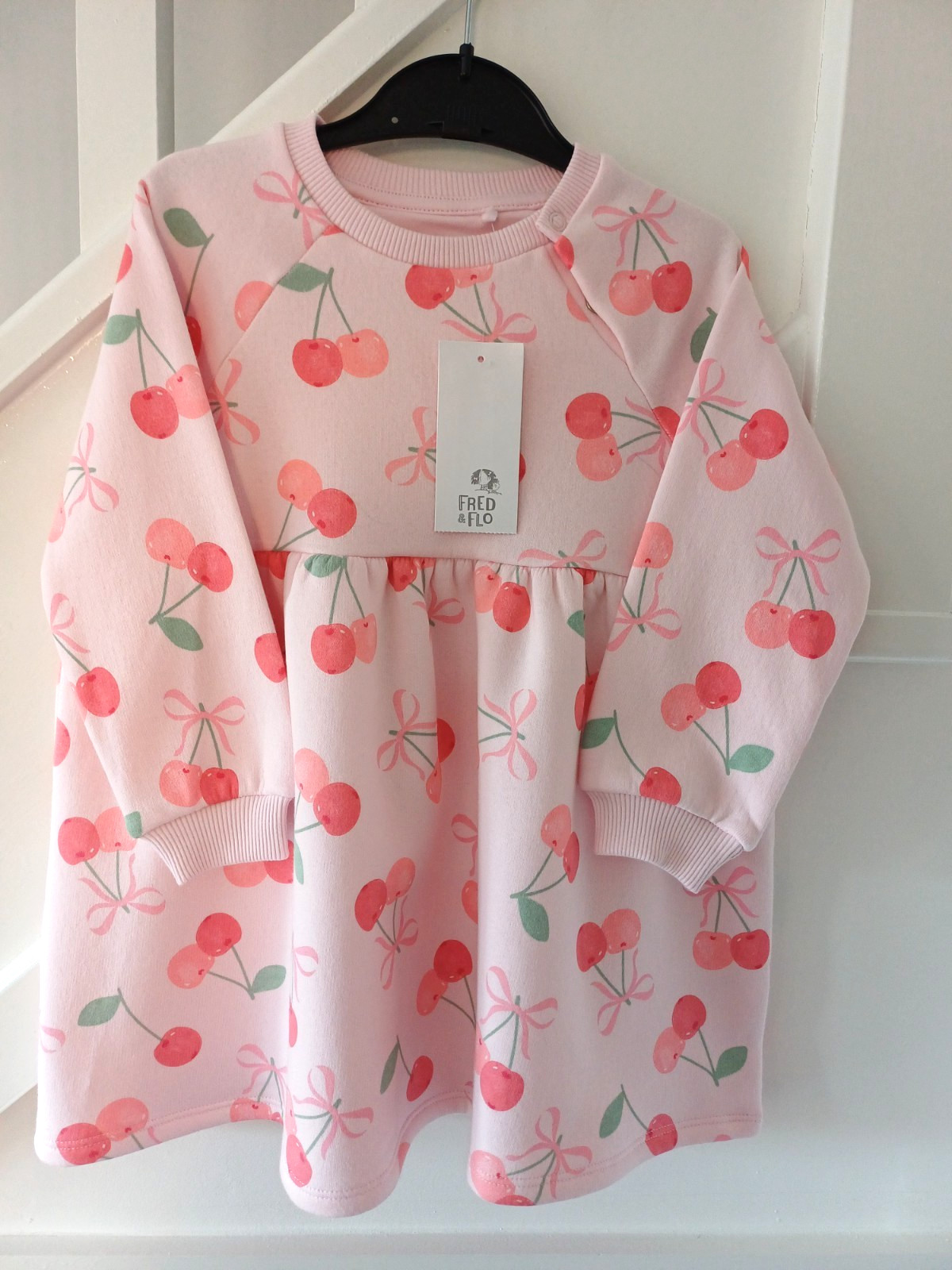 BNWT AGE 2-3 YEARS GIRLS ""F&F"" PINK CHERRY SWEATSHIRT DRESS (next day post)