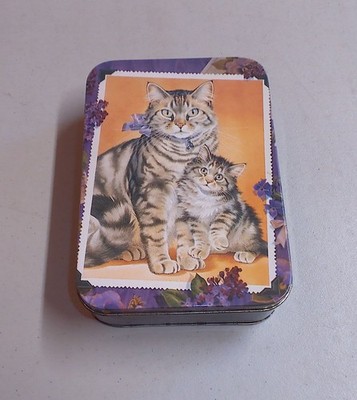 2 Tabby Cats on a Purple Tin Trinket Box Sophisticats Measures 7-1/4'' x 5-1/8''