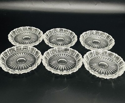 Set of 6 Vintage  Clear  Pressed Glass Coasters, Sunburst Pattern Scalloped Edge