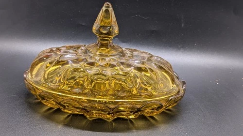 Vintage 1970s Anchor Hocking Fairfield Oval Glass Amber Honey Butter Dish W/ Lid