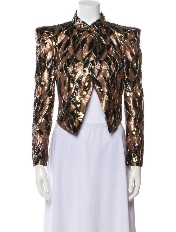 ALICE + OLIVIA Kidman Sequin Beaded Cropped Jacket Medium 8 10 Brown b13