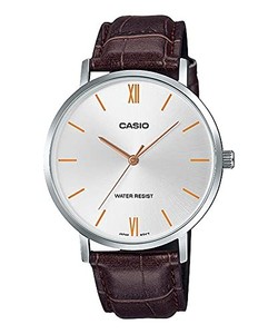 Casio Montre Quartz pour hommes MTP-VT01L-7B2 Cadran argent Bande en cuir brun