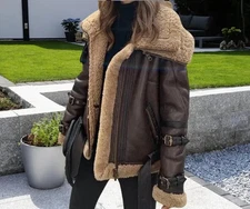 Women’s Brown Shearling Aviator Jacket Real Leather Biker Coat with Faux Fur Lin