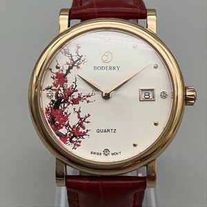 Boderry BDQ006 Womens Watch 35mm Rose Gold Tone Red Leather Date New Battery Boderry Women Watch Plum Blossom Pattern - Red Diamond Watch main image 2