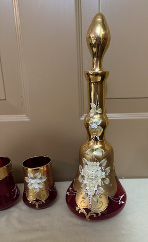 Murano Decanter & 5 Glass - 24K Gold - Enamel Flowers - Cranberry Signed 1960s - Picture 7 of 10