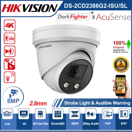 Hikvision 4K 8MP AcuSense IR Kamera DS-2CD2386G2-ISU/SL 2Wege Audio Strobe Licht - Picture 1 of 21