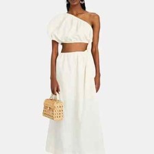 $200 Farm Rio Women's Ivory One-Shoulder Waist Cutout Linen Blend Dress Size L