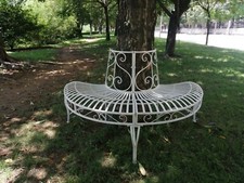 Metal Garden Semi-Circle Tree Wrap Bench Chair Decor Antique Black/White Outdoor