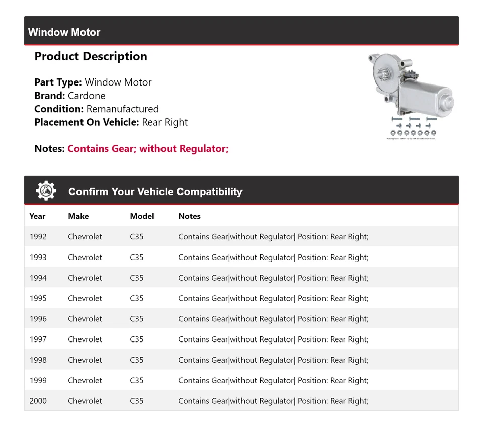 Para Chevrolet C35 1992-2000 Ventana Motor Trasero Derecho Cardone 1993 1994 1995 1996 Foto 2 de 4