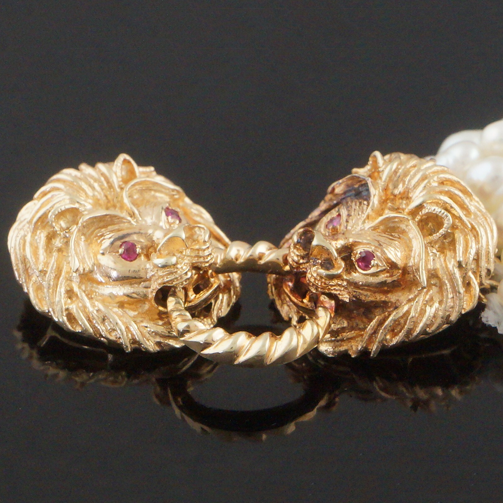 Solid 14K Gold, Ruby Eye Lion Head Multi Strand R… - image 3