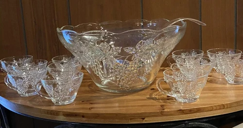 Vintage 1960’s Glass Punch Bowl & Cups 12pcs Grape Leaf Pattern