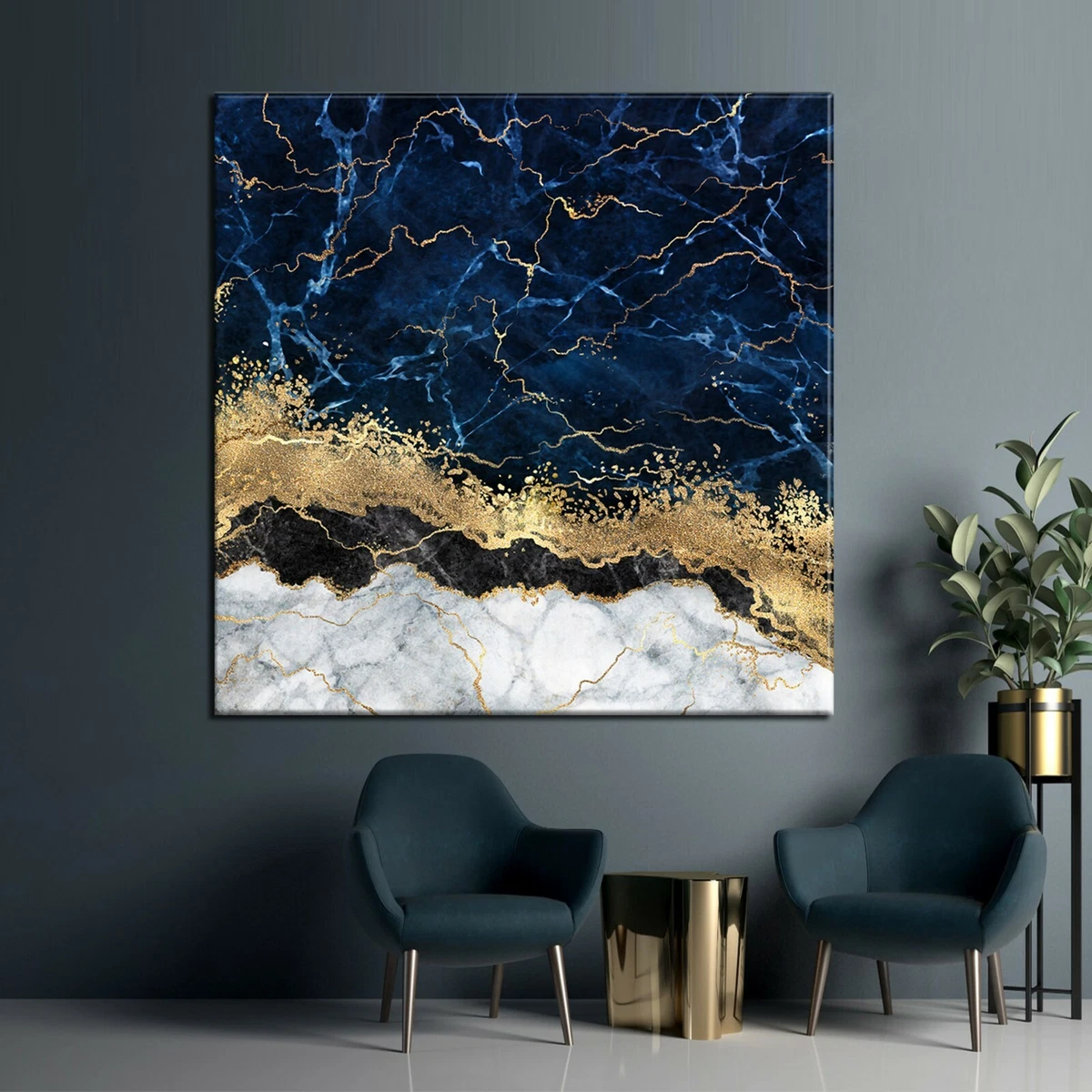 Blue Gold Marble Canvas Luxury Wall Art Abstract Wall Decor