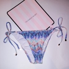 Victoria Secret Swim Bikini Bottom Skimpy String Blue Pink Shimmer Tie Up New