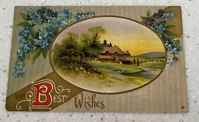 Best Wishes Forget Me Nots Framed  Country Estate Scene 1917
