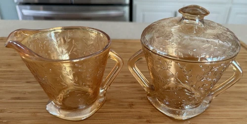 Vintage Jeanette Glass Iridescent Floragold Louisa Sugar & Creamer Depression