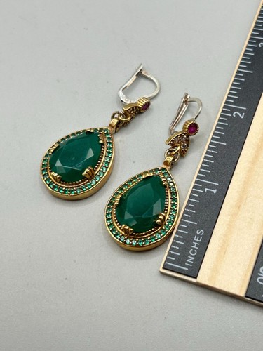 Gold Over Sterling Green Emerald Earrings Genuine Stone Pierced Long Drop Dangle - Picture 8 of 10