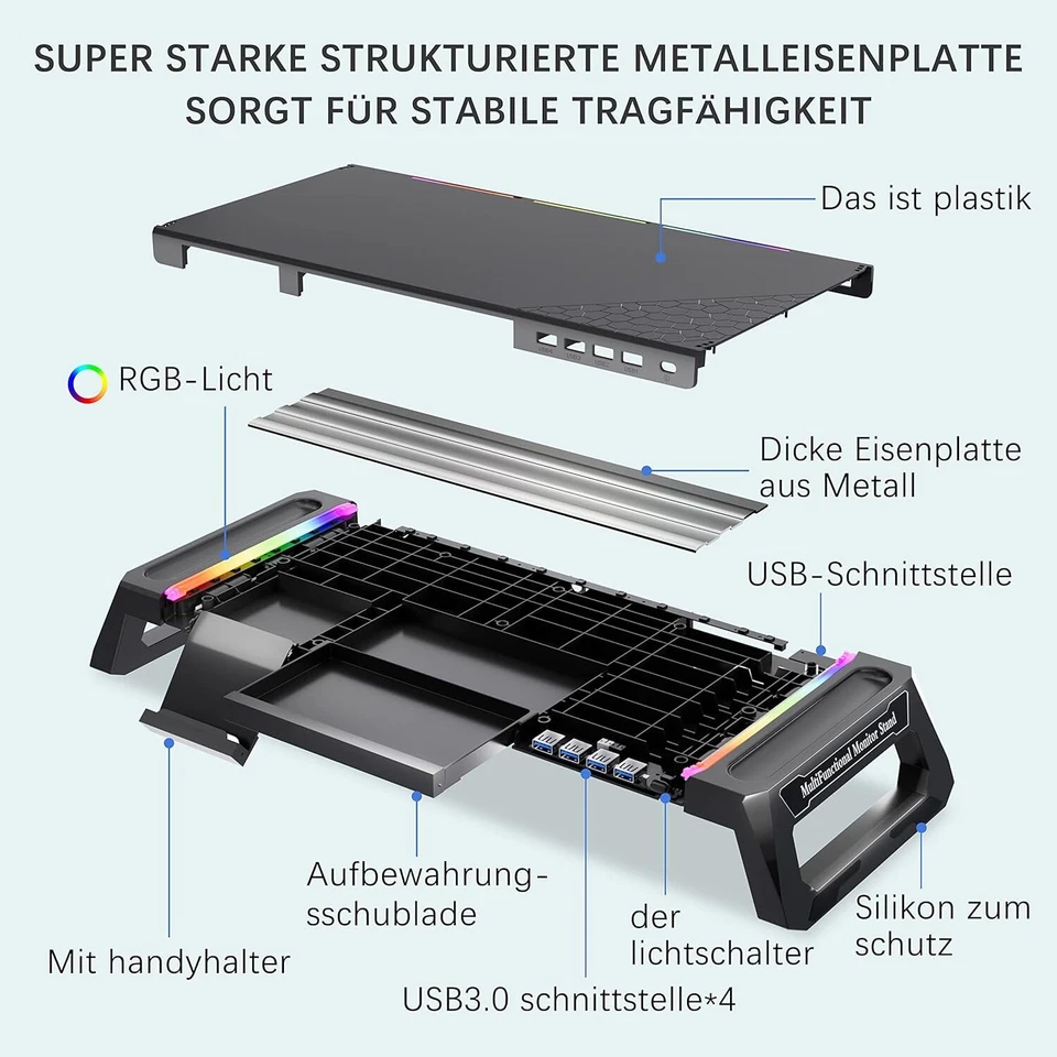 Monitor Ständer für Schreibtisch Gaming mit 4 USB 3.0 Hub Und RGB Licht Monitor - Bild 2 von 4