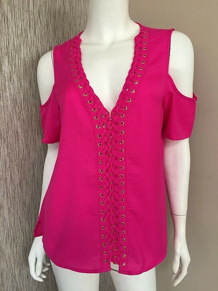 BIBA HOT PINK EYELET COLD SHOULDER BLOUSE SIZE 12 BNWT - Image 3 of 4