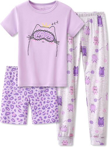 Little & Big Girls Cotton Knit Pajama 3-Piece Shorts Pants Summer PJ Set Size 4-