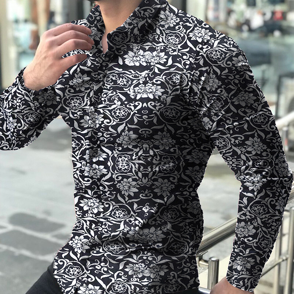 Mens Floral Beach Shirt Casual Long Sleeve Slim Fit Button Formal