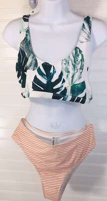 Womens Shein Bathing Suit Green White Top Orange White Button Top Xl Bottom L | eBay
