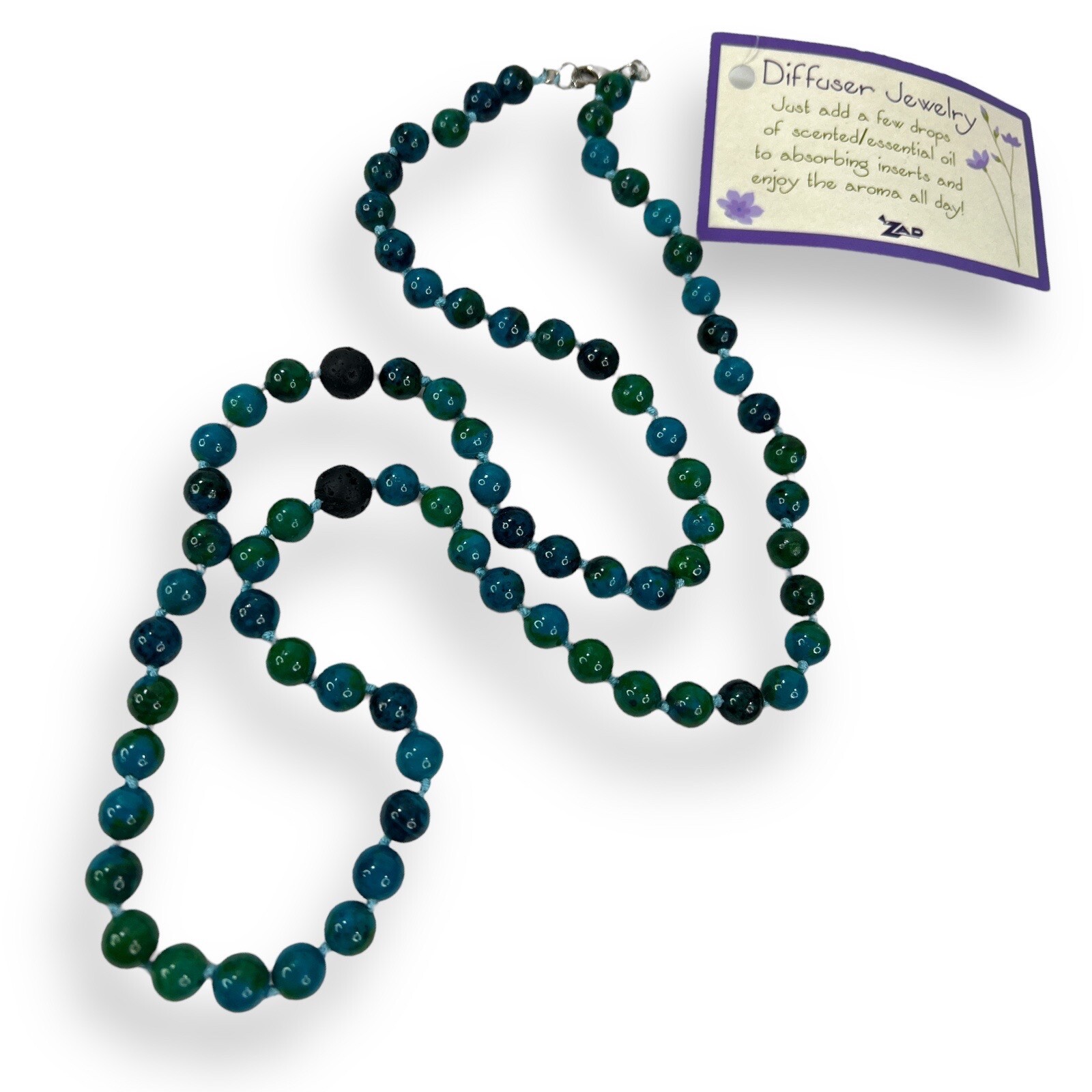16" Painted Bead & Lava Stone Diffuser Aromatherapy Necklace Blue & Green NWT