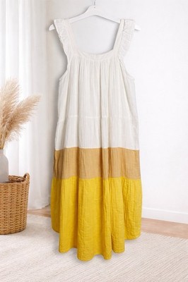MudPie Women s Nile Colorblock Mustard Dress Boho 100% Cotton Beachy Resort Sz M