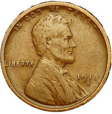   1918 S Lincoln Wheat Cent Fine - Very Fine (F-VF) Condition Copper Penny 1c