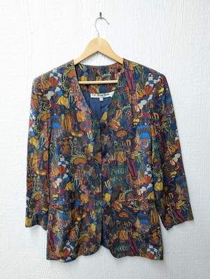 Vintage G.W. Design Studios 100% Silk Colorful Abstract Pattern Jacket Blazer Sm