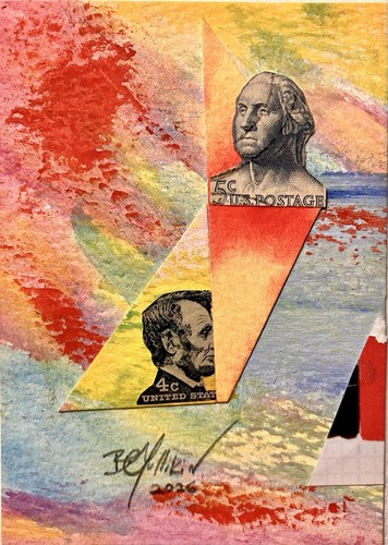 Original Surreal ACEO Watercolor Collage Stamp Art OOAK - Washington & Lincoln