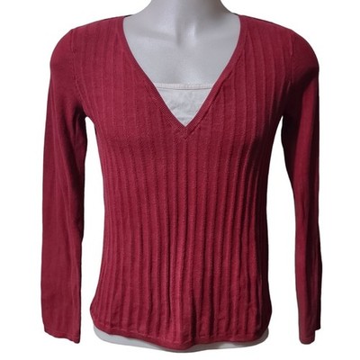 Sweater Route 66 Red Medium Women V Neck Ribbed Knit Y2K Preppy Normcore Layered