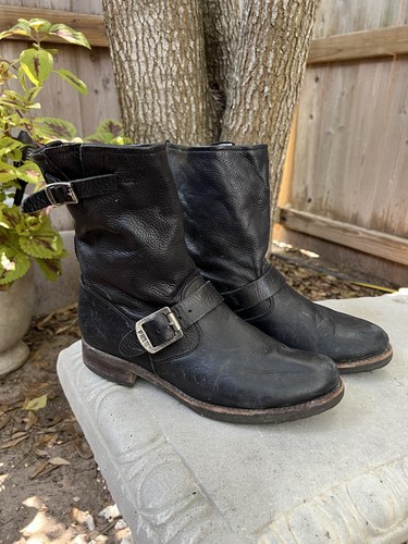Women's 8.5 B Frye Veronica Black Leather Moto Boots Buckle 76509 Vtg
