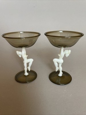 2x Likörgläser mit weißer Damen Glasfigur als Stiel-Art Deco Stil von Bimini