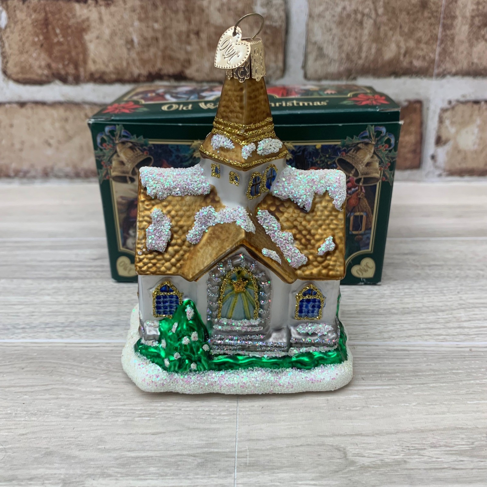 Old World Christmas Glittering White Church Glass Ornament with Box