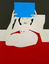 13298.Póster Decoración Pared.Interior.Vintage Mujer Barnet Leyendo '70 Gato Minimalista
