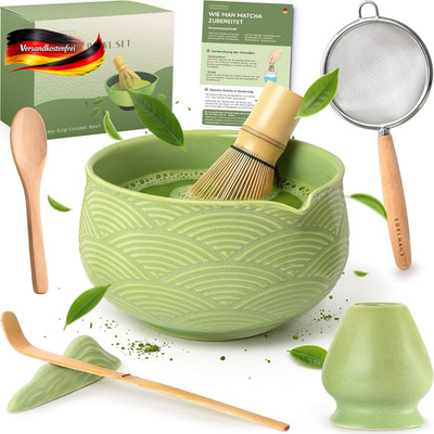 Matcha Set 7-teilig für Ceremonial Matcha Tee zubereitung aus Keramik und Bambus