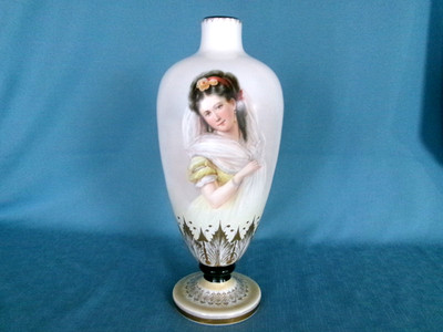 Antique 15.5'' Repaired GLASS LAMP BASE / VASE / URN w/ Hand Painted PRETTY LADY
