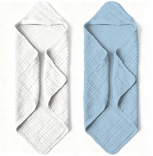 Organic Muslin Hooded Baby Bath Towels 2 Pack, Soft Cotton, 32x32 Inch