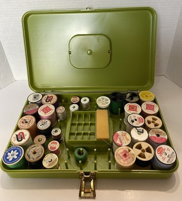 Vtg Wilson Wil-Hold Sewing Box  USA Made Green Plastic Case Thread Bobbins 1970s
